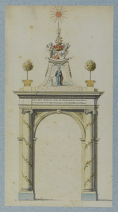 32442 Afbeelding van de andere zijde van een erepoort met de wapens van prinses Wilhelmina van Pruisen en prins Willem ...